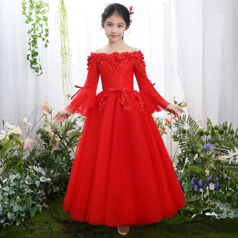 Распродажа; детское осенне-зимнее элегантное роскошное Новое красное Пышное кружевное длинное платье принцессы на день рождения, свадьбу, вечеринку; 14 15