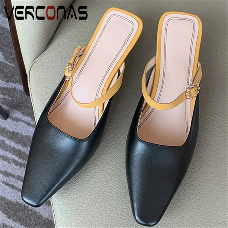 

VERCONAS Woman Sandals 2020 Sweet Mules Woman Pumps High Quality Genuine Leather Summer Pointed Toe Thin High Heels Shoes Woman