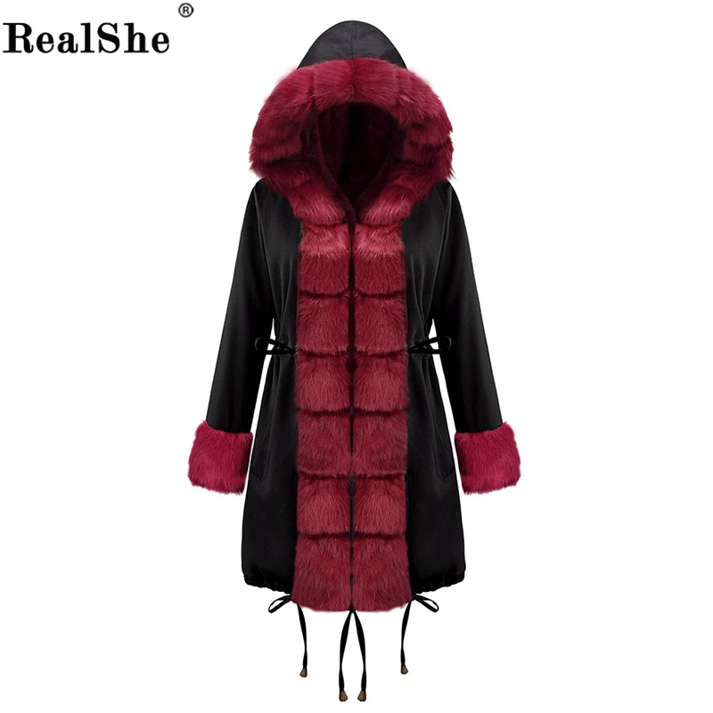 RealShe пальто и куртки для женщин с капюшоном с длинным рукавом зимнее шерстяное пальто для женщин Повседневное осеннее теплое Женское пальто с мехом размера плюс