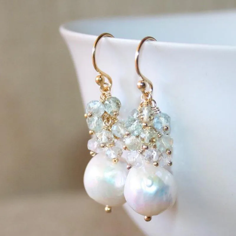 Cluster of mixed color pearls with green amethyst Earrings - Image 6