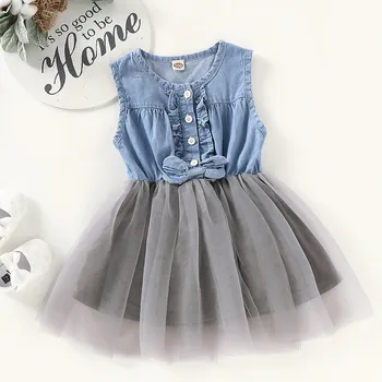 

Baby Girl Mesh Patchwork Dress 2020 Summer European American Fashion Baby Sleeveless Bowknot Denim Bow Princess Dress детское
