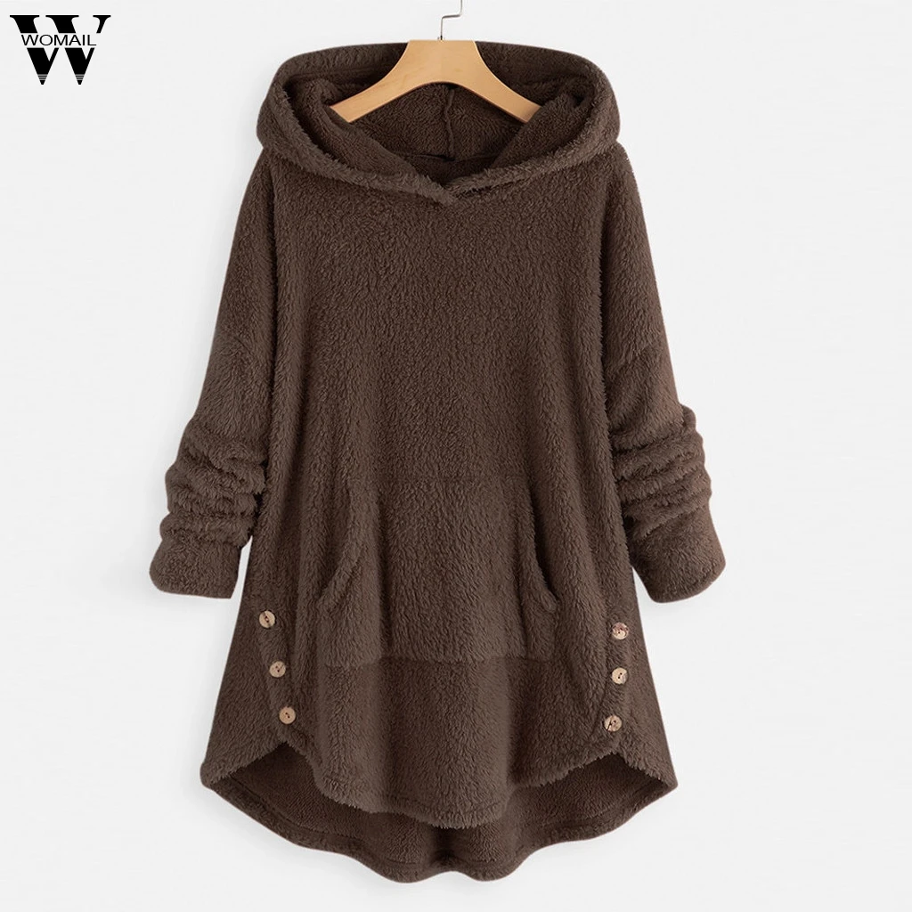 

Womail Sweatshirt Women Female Autumn Winter Casual Hooded Sweatshirt Tops Plush Button Pockets Hooded Solid Sweatshirt AG26