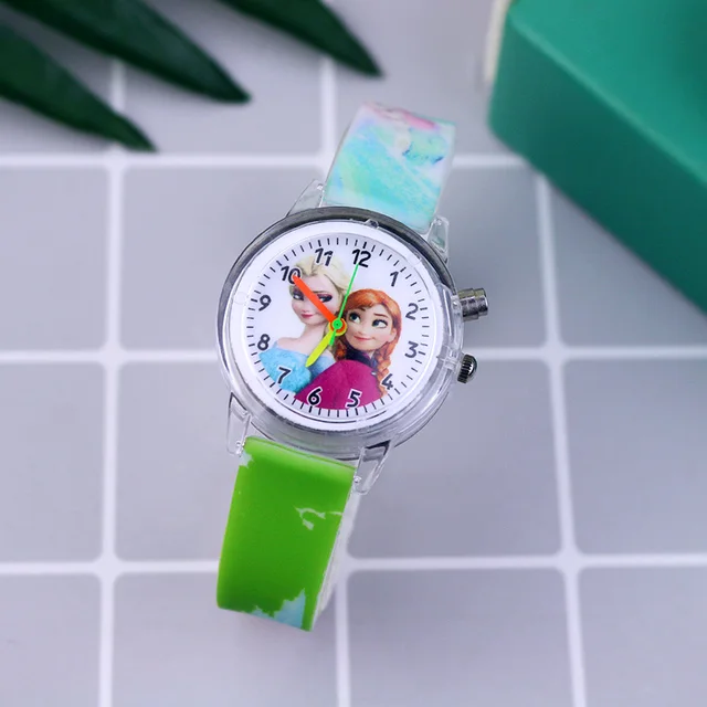 Fashion Cartoon Flash Light Girls Watches Kids with Bracelet Silicone Strap Princess Elsa Children Watches Clock reloj infantil Green one watch