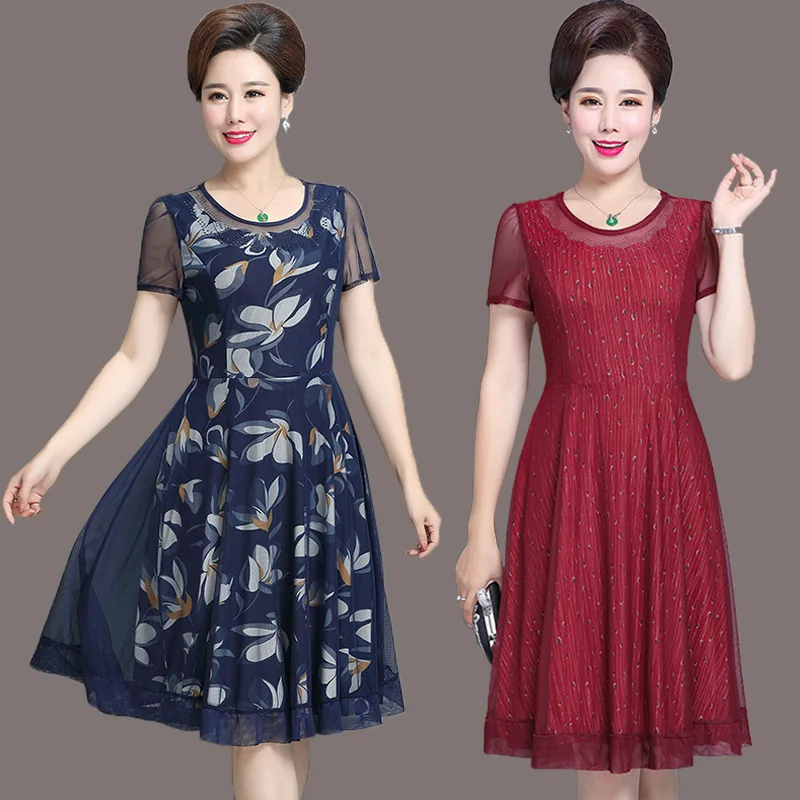 Средней длины среднего возраста с коротким рукавом платье женщин универсальный большой размер печатных марлевые юбки вырез лодочкой женщин среднего возраста платье