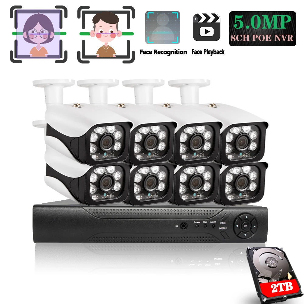 8CH POE 48V IP Camera CCTV System NVR Face record Set HD 5.0MP Outdoor IR Night Vision Security Sur - 4.00001E+12