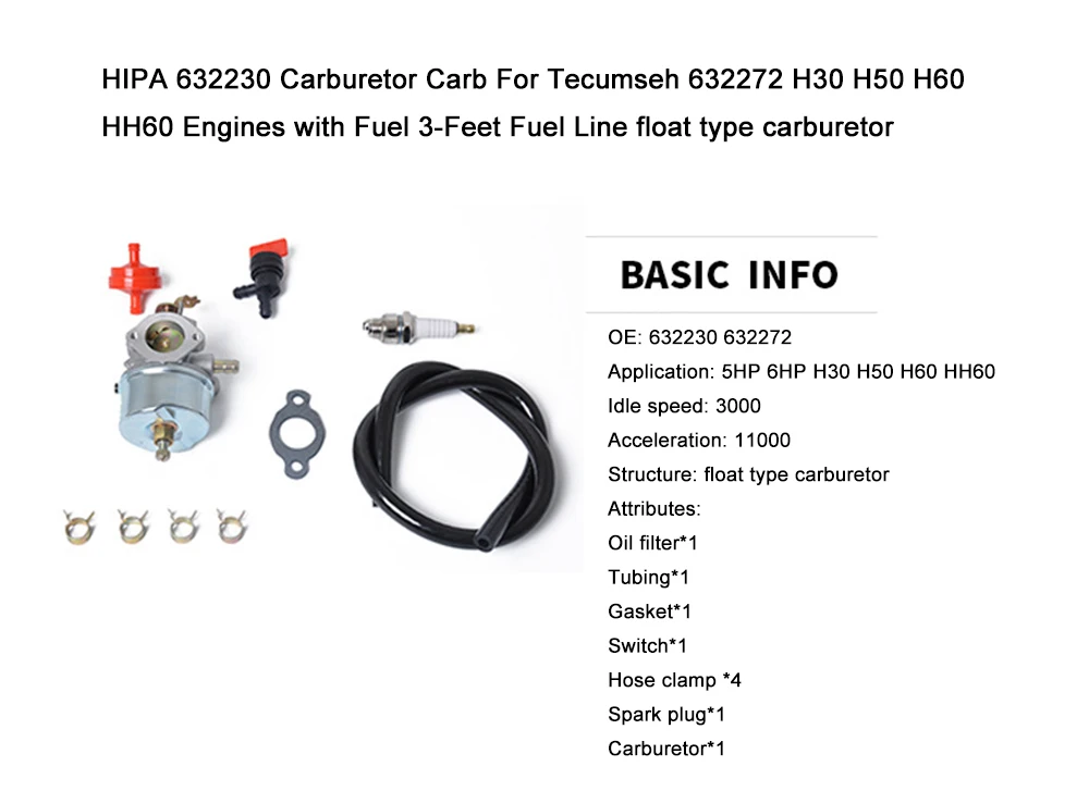 HIPA 632230 Карбюратор Carb для Tecumseh 632272 H30 H50 H60 HH60 двигатели с топливом 3 фута топливная линия тип поплавка карбюратор