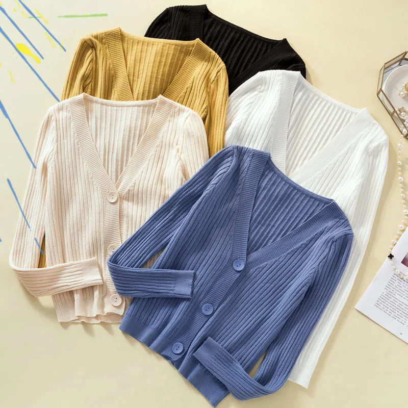 

Women Sweaters White V Neck Button Solid Slim Sweater Autumn Winter 2020 Sueter Mujer Basic Fashion Cardigan Women