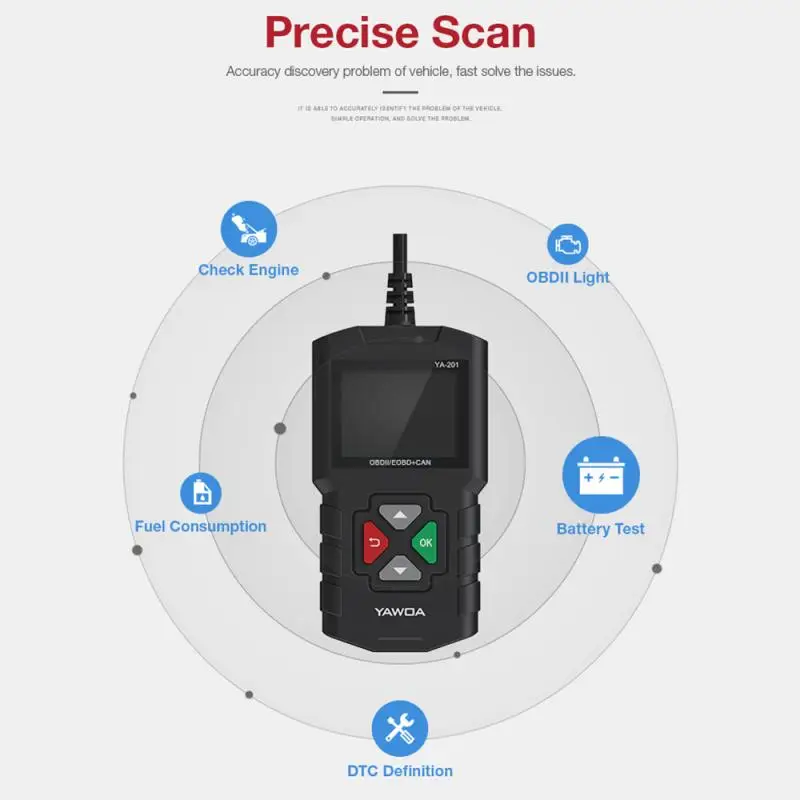 OBD2 автомобильный сканер, считыватель кодов неисправностей, карта, батарея, YA-201, диагностический интерфейс, проверка двигателя, многоязычный инструмент