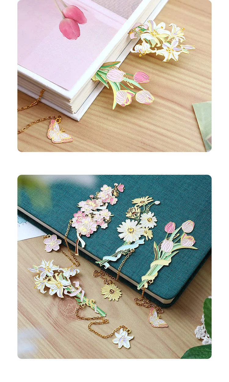 Delicate Girl Metal Bookmark Flower Brass Hollow Space Bookmarks  For Teacher's Day Gift Student Reading Pendant