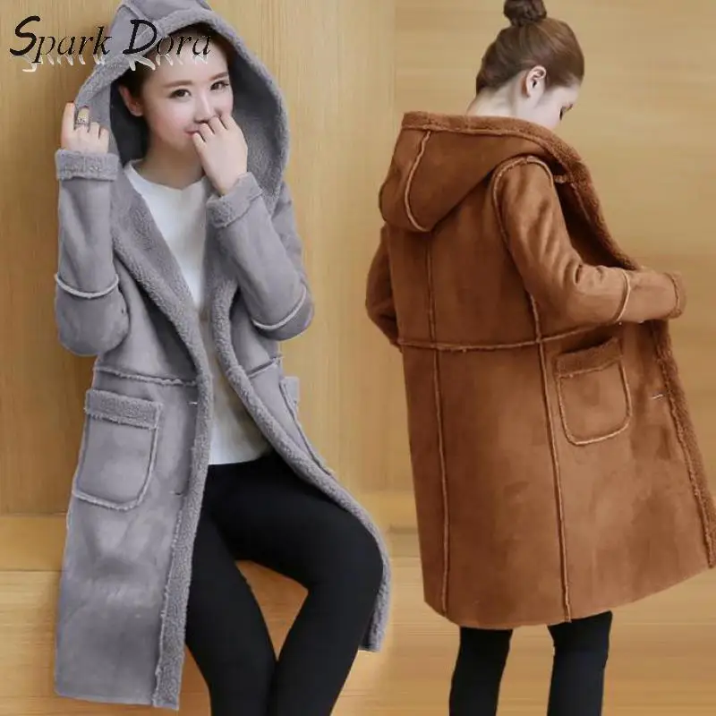 

SparkDora 2019 Winter Women Faux Lambs Wool Sheepskin Hooded Coat Female Medium Long Shearling Coats Faux Suede Leather Jackets