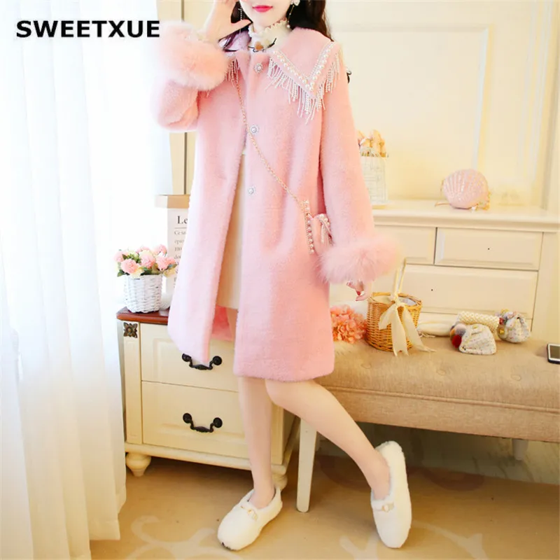 SWEETXUE повседневное элегантное женское длинное пальто из флиса с норковым мехом теплое осенне-зимнее плотное Женское пальто с кисточками и бусинами+ сумка