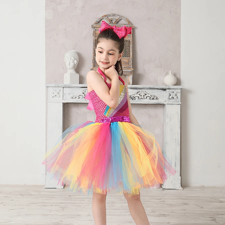 Jojo Siwa Inspired Girls Tutu Dress with Deluxe Bow Sparkly Rainbow Girls Princess Dress Kids Birthday Party Halloween Clothes (26)