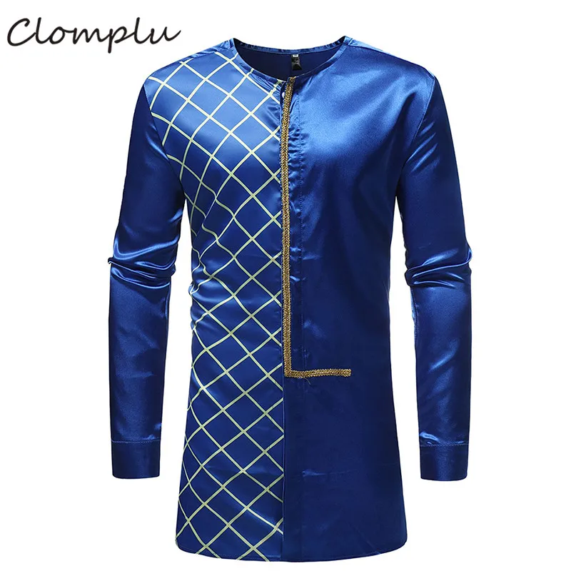 

Clomplu Dashiki Fashion Striped Printed African Clothes Men Long Sleeve Traditional African Clothing Smooth White Light Blue