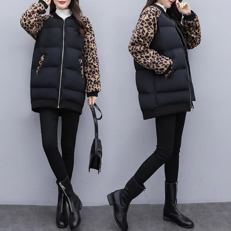 

2019 Winter New Style Large Size Dress Large GIRL'S Leopord Pattern Woolen Cloth Joint Mid-length Cocoon Cotton Overcoat Women's