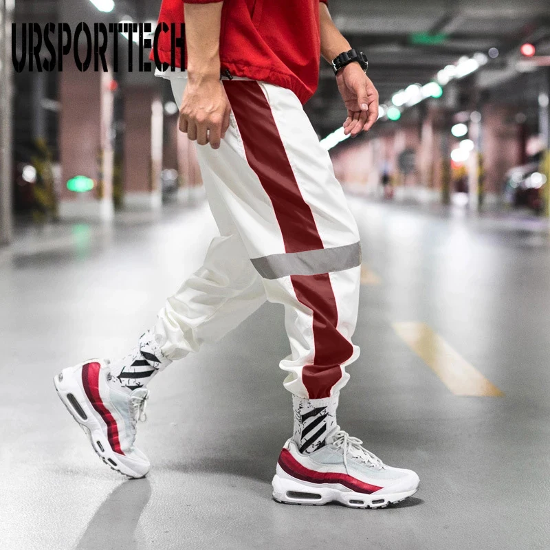 Reflective Mens Jogger Pants Hip Hop Streetwear Male Side Stripe Loose