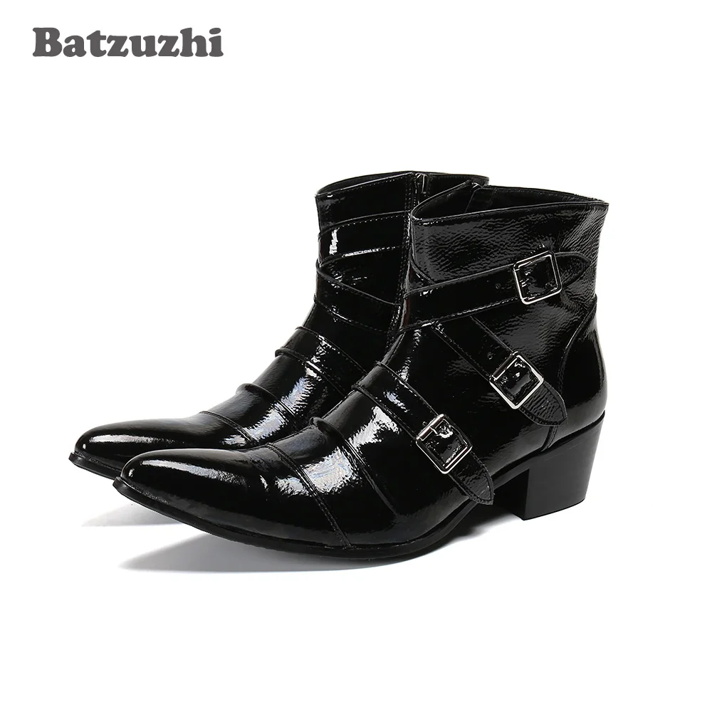 

Batzuzhi 6.5cm High Heel Men's Boots Pointed Toe Genuine Leather Ankle Boots Men Black Motorcycle Knight Botas Hombre, Big Sizes