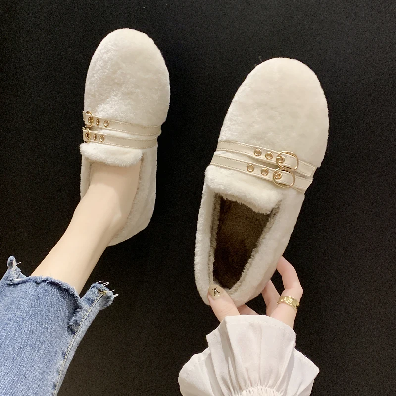 

Plush Plus Leisure Warm Winter Boat Shoe White Casual Velvet Shoes Women Simple Solid Daily Home Flat Shoes Zapatos Mujer W36-76