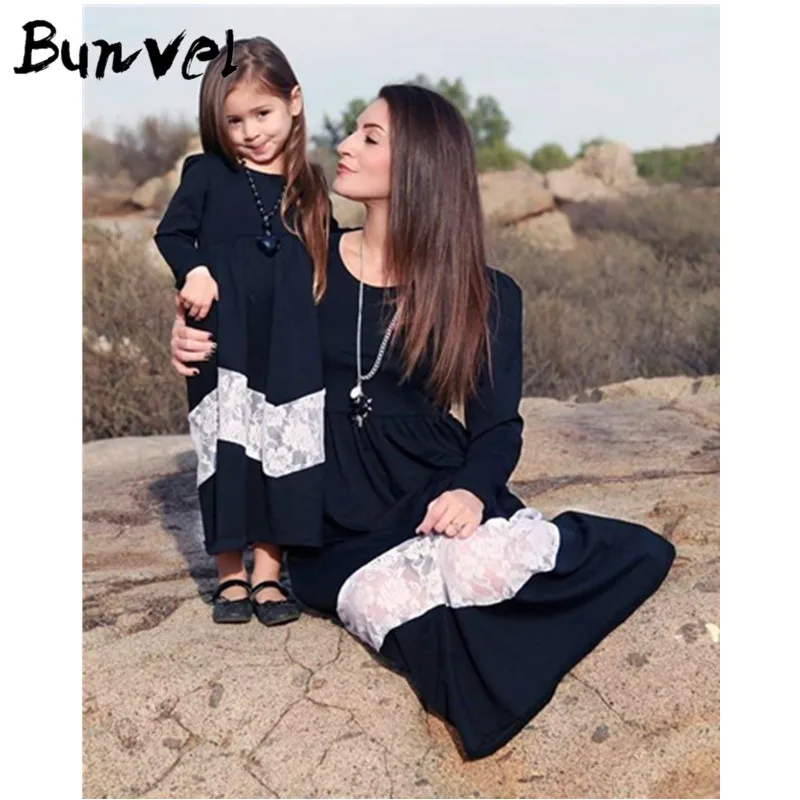 Bunvel/зимняя одежда для мамы и дочки; кружевные платья с длинными рукавами для мамы и дочки; платья для девочек F