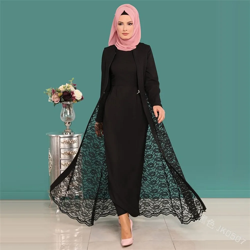 Новинка, элегантное мусульманское вечернее платье большого размера в Дубае, длинное однотонное платье в пол с длинным рукавом, комплект из двух предметов