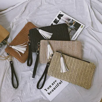 

New Summer Bohemian Handbag Hollow Straw Beach Bag Casual Tassel Clutch Bag Black