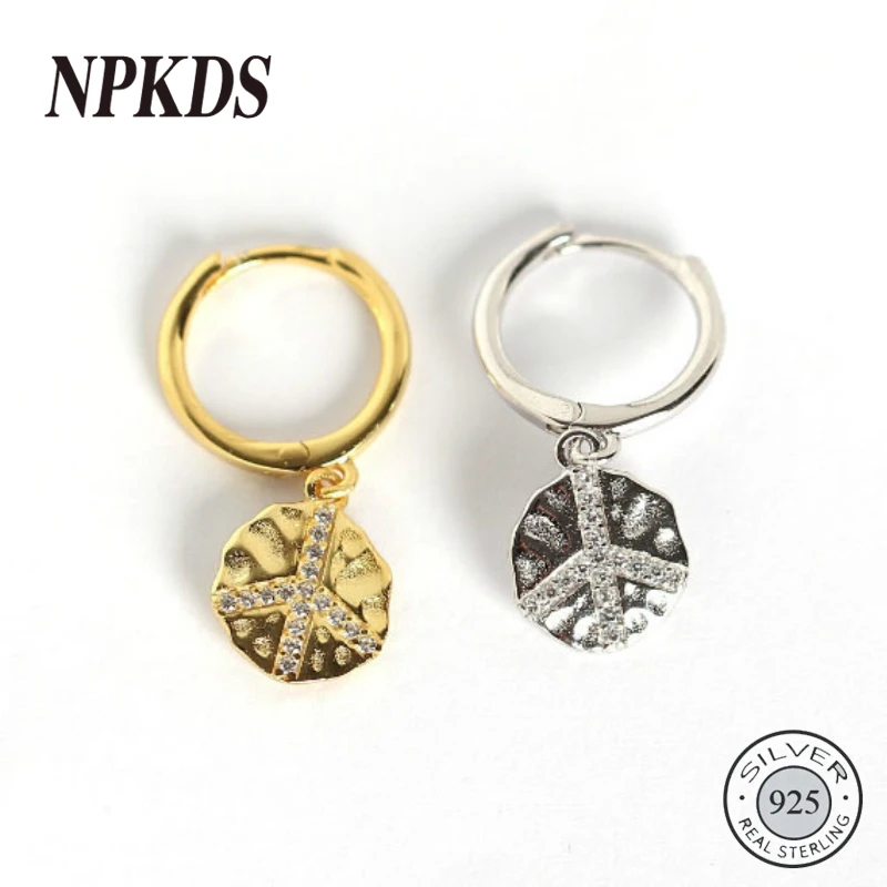 

925 Sterling Silver Peace Sign Hoop Earrings Irregular Geometric Round Card Glossy Earrings for Women Fashionable Ear Jewelry