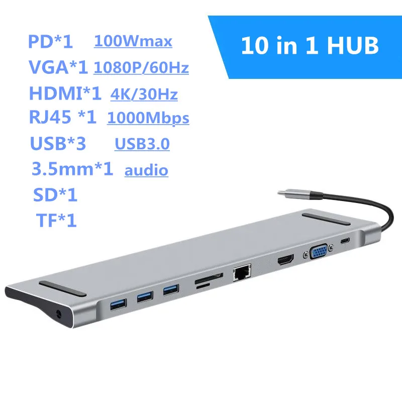 USB C концентратор USB3.1 Тип C к HDMI VGA RJ45 Lan PD 4 к thunderbolt 3 10 в 1 док-станция питания для imacMacBook samsung Galaxy - Цвет: 10 in 1