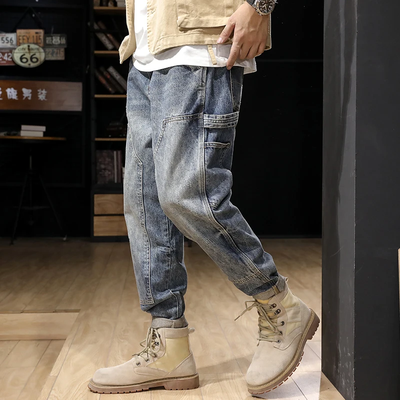Streetwear Fashion Jeans Retro Blue Loose Fit Casual Denim Cargo Pants High Quality Hip Hop Wide Leg Harem Jeans For Men