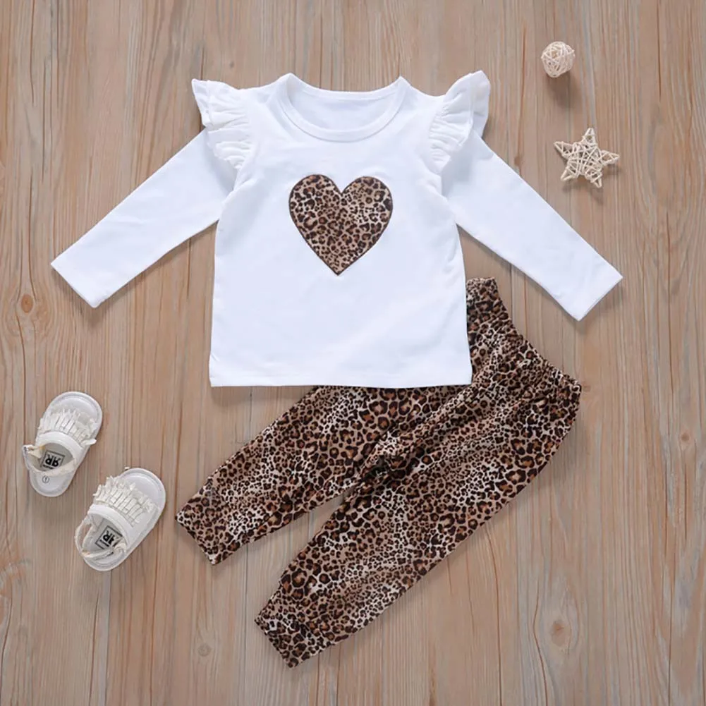 

Emmababy Toddler Baby Girl Clothes Leopard Print Peach Heart Fly Sleeve T-Shirt Tops Trousers 2Pcs Outfits Cotton Clothes