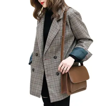 

Women Blazer Retro Spring Autumn Plaid Jackets Lapel Casual Long Sleeves Slim Warm Coat British Wind Blazer feminino Jacket*