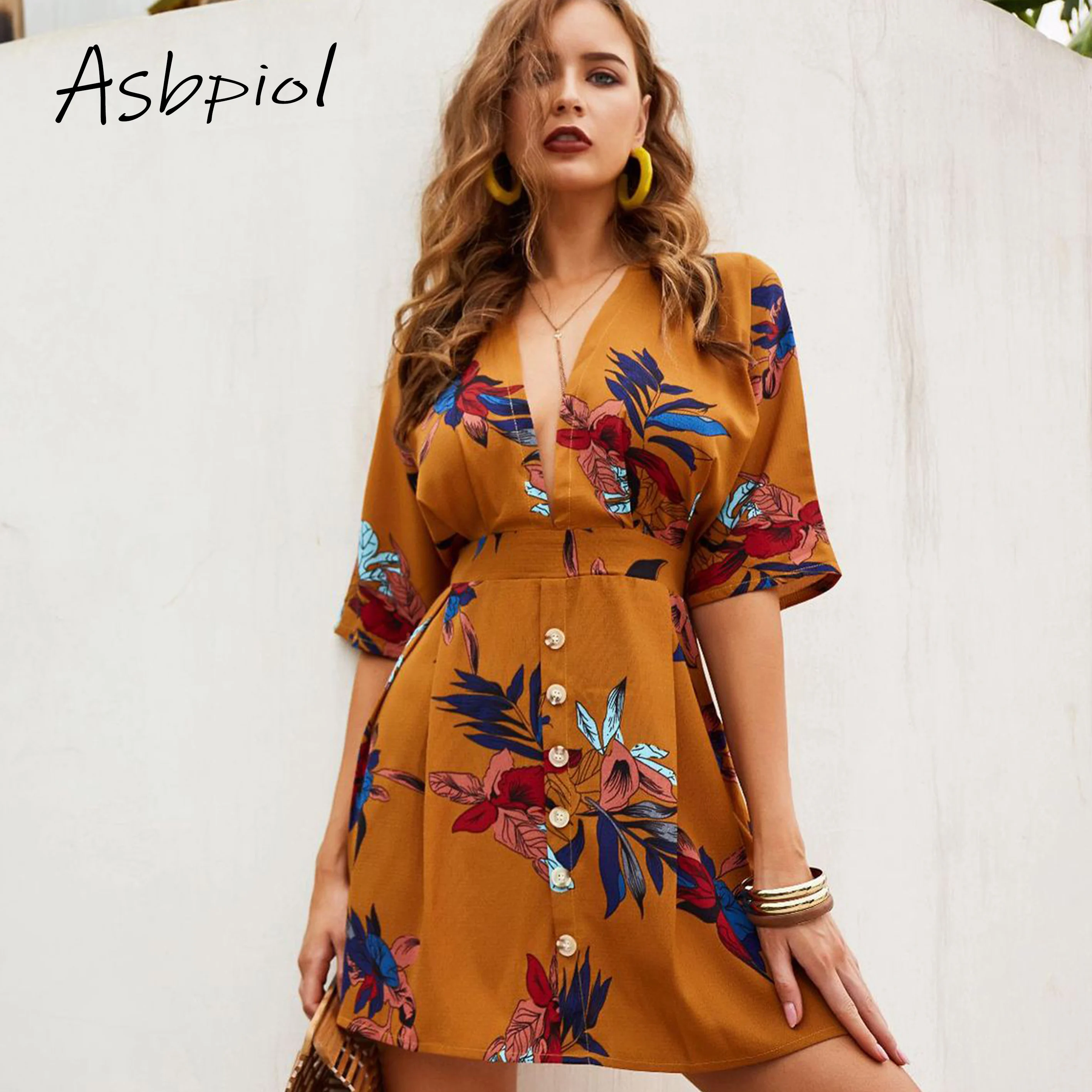 

Sexy Bohemia Deep V Neck Button Short Dress Boho Floral Pattern Short Sleeve A Line Mini Dress Casual Backless Summer Dresses
