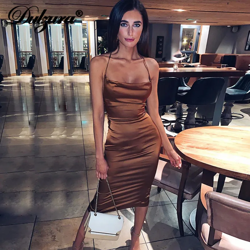 Dulzura neon satin lace up 2021 summer women bodycon long midi dress sleeveless backless elegant party outfits sexy club clothes 2