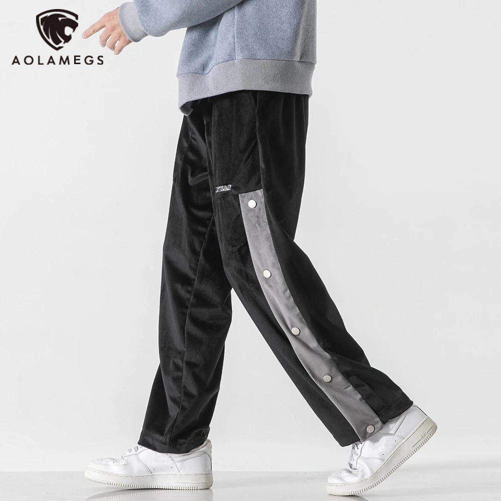 pantalones de chándal con botones laterales para hombre, pantalón chándal grueso de terciopelo, estilo Hip Hop, ropa de calle para informales| - AliExpress