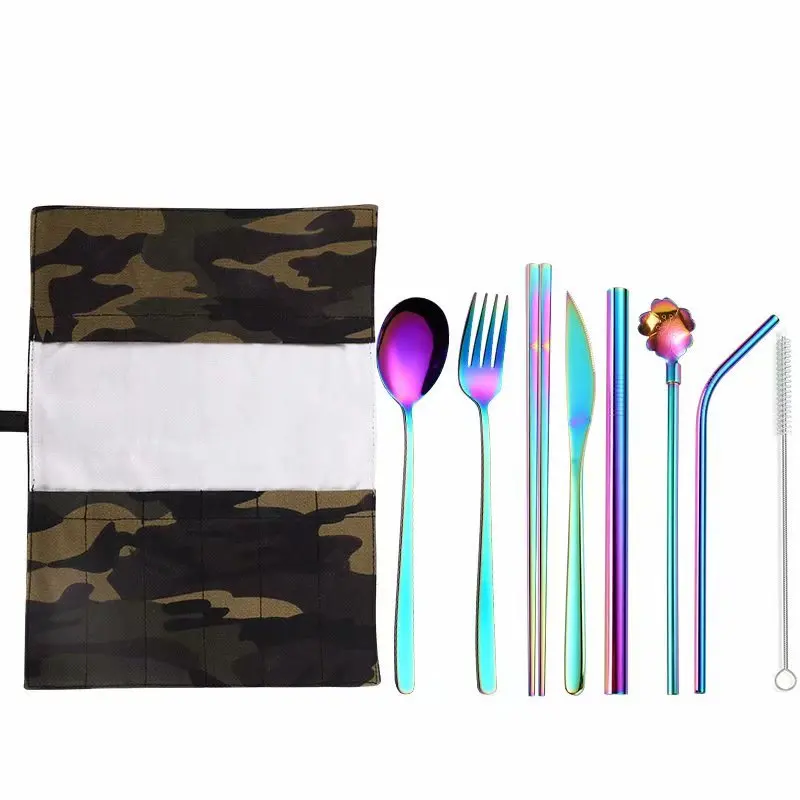 Colorful Cutlery Stainless Steel Cutlery Portable Tableware Set Kitchen Dinning Set Utensils Dinnerwar Reusable Straw for Travel