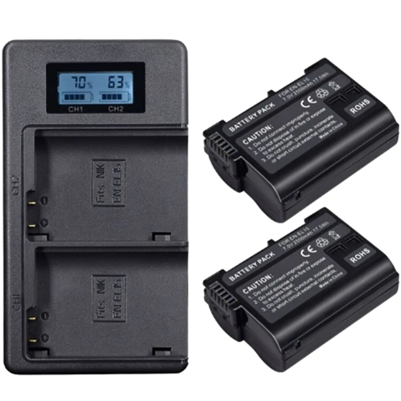 

AMS-2Pcs EN-EL15 EL15 EN-EL15A ENEL15A EN EL15A Battery+USB Dual Charger for Nikon D850 D810 D810A D750 D500 D7500 D7200 D7100