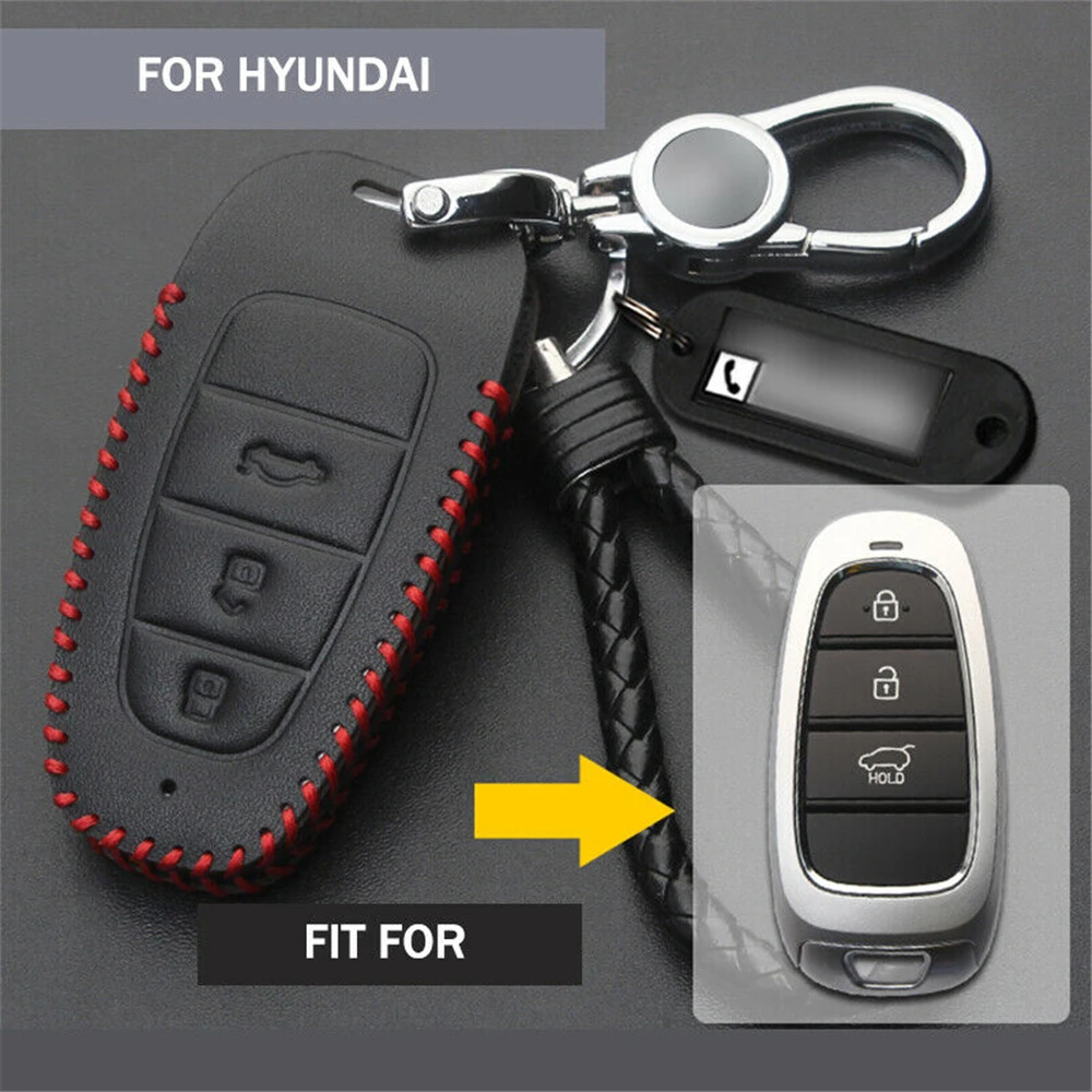 

Genuine Leather Remote Start Car Key Case Fob Cover Auto Protector Holder For Hyundai Tucson Santa Fe Sonata 2020-2021 3 Button