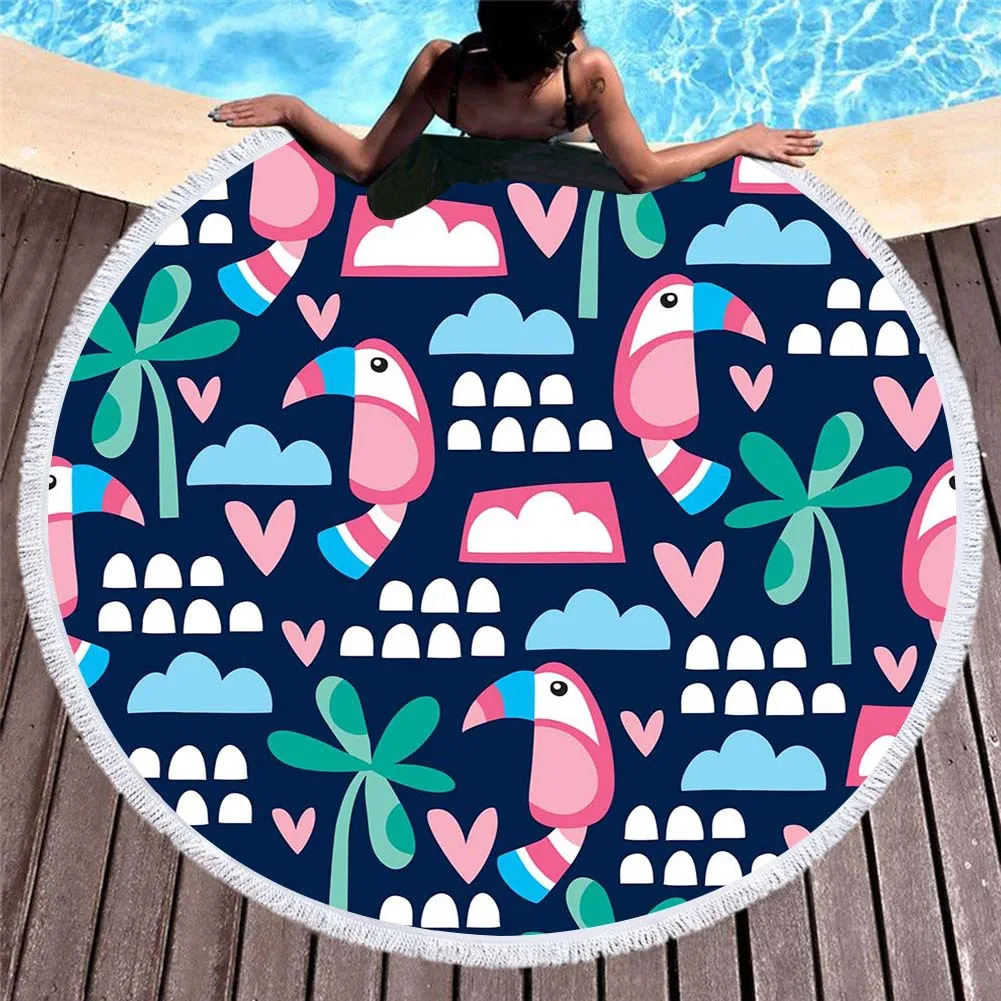 

2019 Europe And America 3D Digital Printing Creative Advertisement Beach Towel Superfine Fibre Circle Tassels Beach Mat
