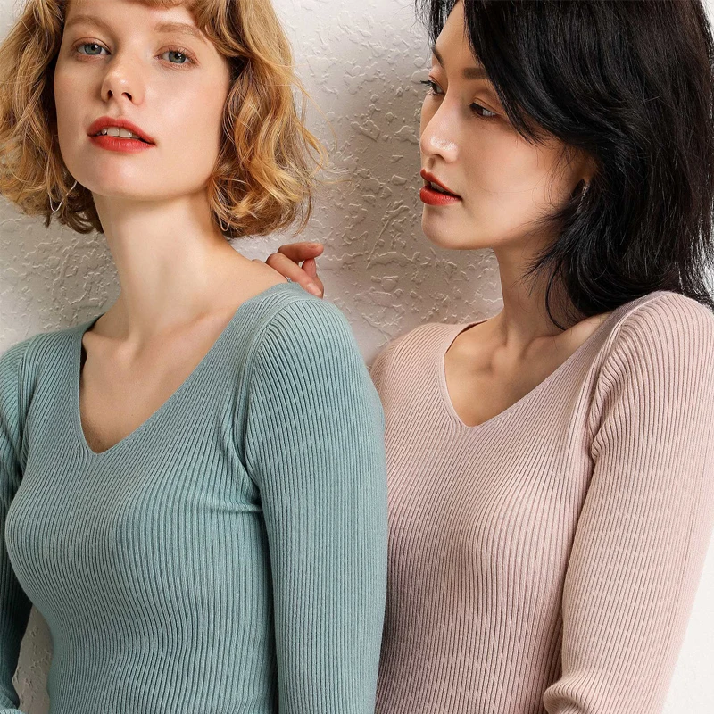

2019 Female Solid V-Neck wool Sweater Jumper casaco feminino Women Stretch Pullovers long Sleeve knitwear winter clothe