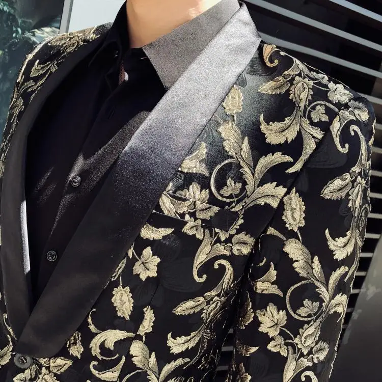 Черный и жаккардовый жакет мужской британский стиль роскошные цветочные блейзеры с принтом 5XL Модный повседневный приталенный мужской пиджак Q754