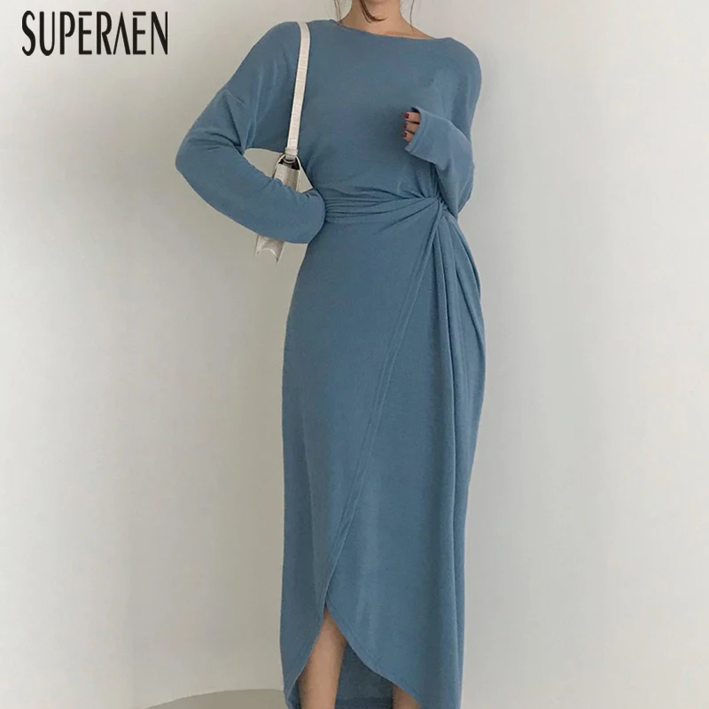 SuperAen, корейский стиль, женское платье, одноцветное, хлопок, темперамент, дикое, круглый вырез, длинный рукав, осень, новинка, женская одежда