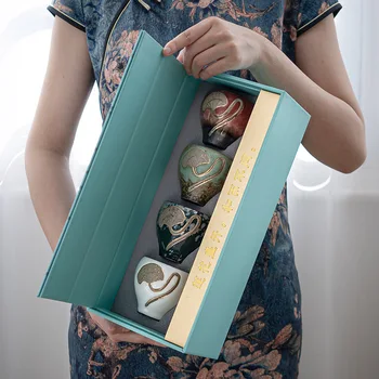 

Tea cup ceramic sample tea cup kongfu cup host cup single cup Lotus auspicious 4 cup set gift box