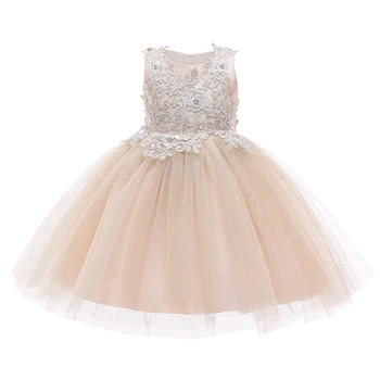 

Autumn Winter New Evening Party Dresses Lace Stitching Tutu Dress for Girls Champagne Solid Color Sleeveless Children's Clothing