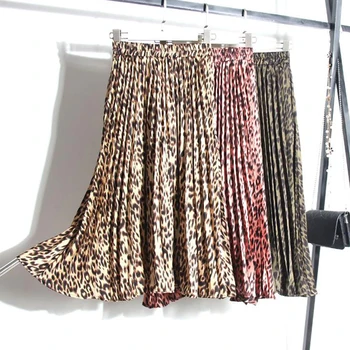 

Leopard Print Pleated Midi Skirts Women Spring Autumn 2020 Korean Lady Pink Green High Waist A-Line Long Skirt Female