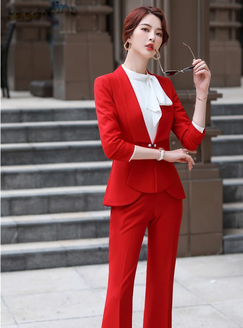Novelty Red Formal Women Business Suits Pants and Jackets Coat OL