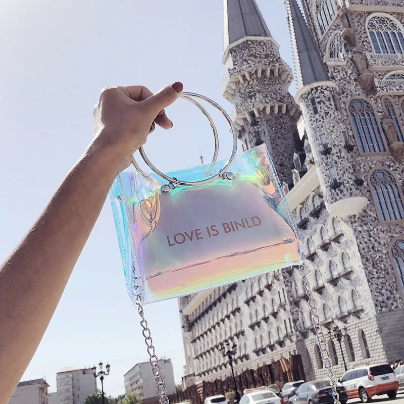 

2019 new JIULIN high-quality ring laser Korean version of the transparent chain shoulder slung small square bag women handbag