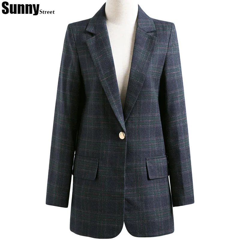 

Ladies Plaid Jacket Mid Length Loose Single Button Coat Fashion Checked fabric for Autumn Winter Blazer mujer