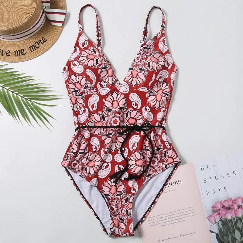 

Sexy One Piece Swimsuit Female 2020 Women Swimwear Deep V Bandage Floral Print Brazilian Bikini Swimming Suit High Cut Monokini