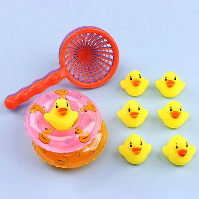 5Pcs/Set Kids Floating Bath Toys Mini Swimming Rings Rubber Yellow Ducks Fishing Net Washing Swimming Toddler Toys Water Fun