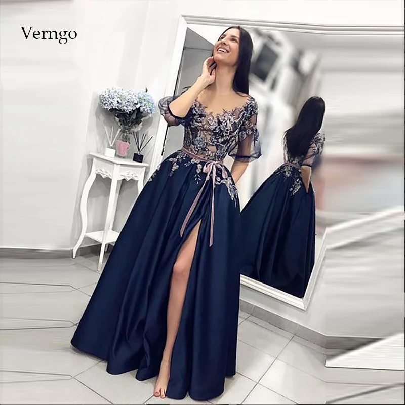 Черный Verngo/вечернее платье с разрезом; Robe De Soiree; торжественное платье; кружевные аппликации; вечерние платья; длинное платье; Vestidos De Festa; платья для выпускного вечера - Цвет: Черный