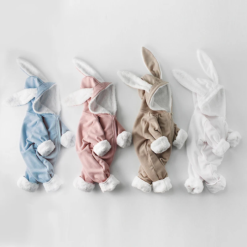 Four Season Baby Rompers Newborn Boys Girls Clothes Rabbit Ear Hooded Jumpsuit infant Costume Fleece Thick Baby Romper pajamas 4