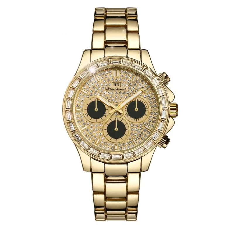 Мужские часы Роскошные брендовые дизайнерские кварцевые с бриллиантами часы для мужчин часы со льдом ААА водонепроницаемые наручные часы с кожаным ремешком - Цвет: Золотой